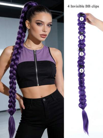 36-Inch Long Purple Braided Wig, Synthetic Fiber Braided Wig, Easy To Clip On, Ponytail Style, Suitable For Costume Role Play