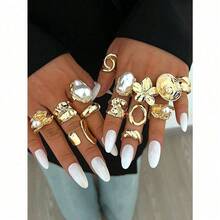 14/12/3pcs Set Asymmetrical Shaped Faux Pearl Flower, Geometric, Liquid, Round, Hollow, Multilayer Metal Textured Rings, Oversized, Chunky, Fashionable, Elegant, Vintage, Suitable For Holiday, Party, Date, Gift, Daily Wear - Yellow Gold - View 6