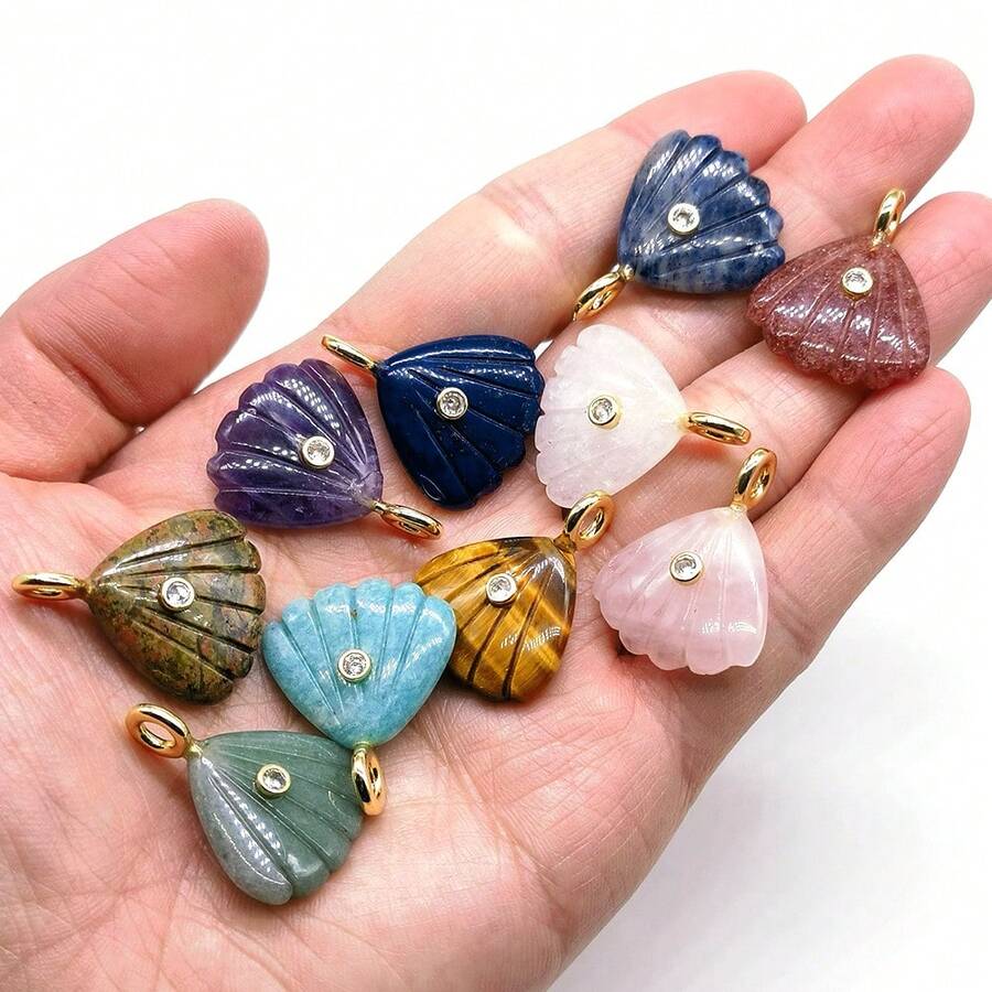 Mặt dây chuyền hình vỏ sò bằng đá pha lê tự nhiên đính zirconia, đá thạch anh tím, đá mắt hổ, đá mã não được chạm khắc tinh xảo, thích hợp để làm trang sức, bán sỉ dây chuyền, dễ thương.