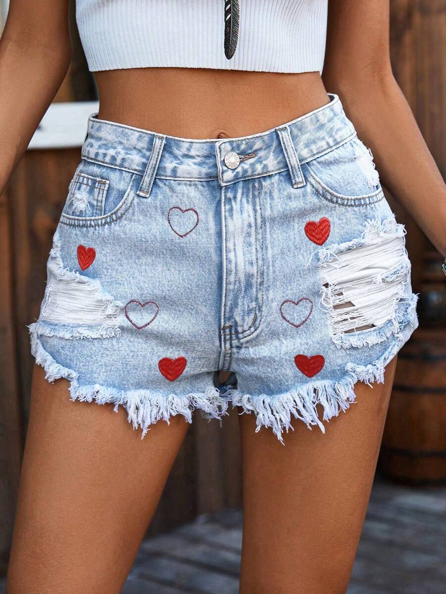 Mobula Sound#Spring/Summer Versatile Fashion Daily Vacation Holiday Date Travel Airport Embroidered Distressed Women's Commuter Denim Shorts - Blue - View 1
