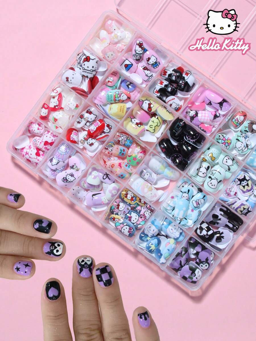 Sanrio Hello Kitty 576pcs/Set (24mixed ) Short Square French Tip Nails Cute 3d Hello Kitty & Kuromi & Cinnamoroll &Pompompurin Press-On Nails Fit Perfectly Acrylic Fake Nails Set, Hello Kitty Nail Tips Full Cover False Nail Tips Press On Nails With Storage Box,Including 4 Jelly Gule And 2 Nail File, Nail Art Supplies For Girl And Women Daily Wear And Family Gathering Use,Pink Girl Style - Multicolor - View 1