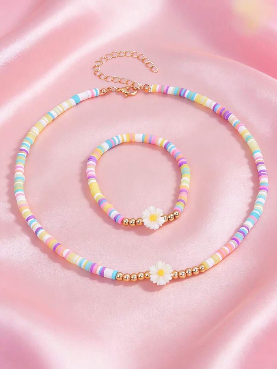 2pcs/Set Girls' Daisy Beaded Polymer Clay Necklace And Bracelet Jewelry Set - Multicolor - View 1