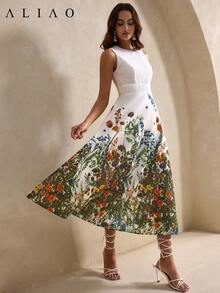 ALIAO Colorful Print Sleeveless Linen Dress, Elegant Resort Style For Women, Suitable For Weddings, Parties, And Casual Vintage Occasions Summer - Multicolor - View 7