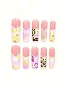 Upgrade Your Look With Y2K Style! Use 24pcs Rectangular Press-On Fake Nails To Change Your Nails, With Fresh And Dreamy: Light Yellow Gradient Star Pattern; Wide-Edge French Nude Base; Minimalist Fashionable Y2K Style Press-On Nails; Brown Line Butterfly Pattern; Colorful Asymmetrical Geometric Shapes - Multicolor - View 2