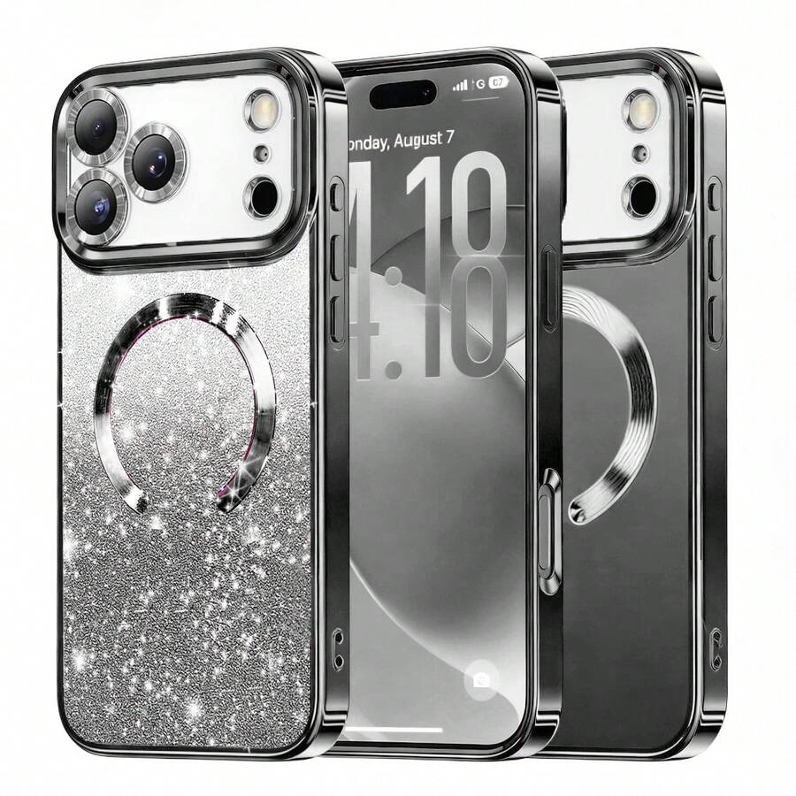 Hadaasi 1pc Black Electroplated Magnetic Gradient Rhinestone Paper Brushed Space Case With Built-In Lens Protector Film, 2-In-1 Ultra-Thin Phone Case Compatible With Apple 17E/17Pro/17ProMax/Air/17/16Pro/16ProMax/16Plus/16/15Pro/15ProMax/15Plus/15/14Pro/14ProMax/14Plus/14/13Pro/13ProMax/13/12Pro/12ProMax/12/11ProMax/11/11Pro