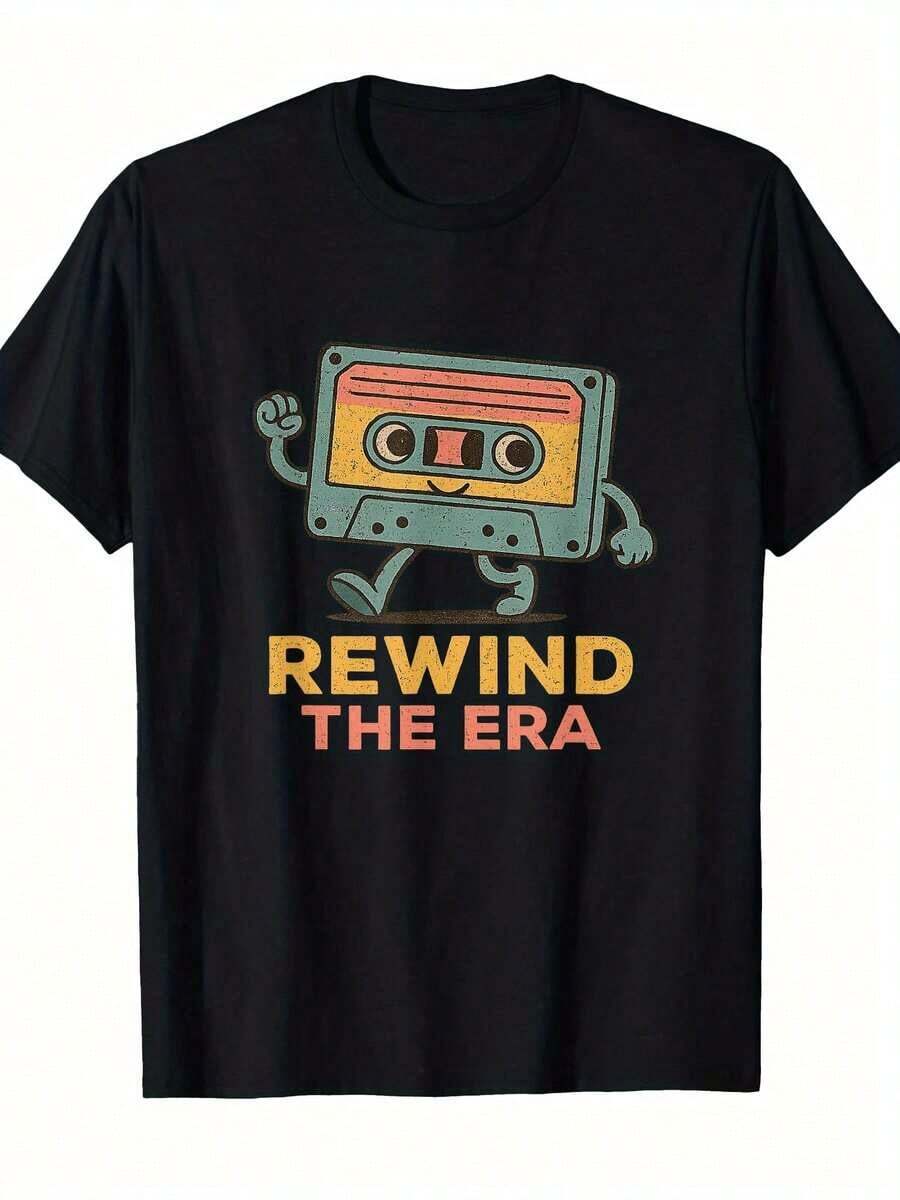 T-shirt homme orange à imprimé cassette vintage années 80 << Revivez l'époque », respirant et léger, en coton, col rond, manches courtes, style coréen. Idéal pour les festivals et les tenues décontractées. - Noir - Voir 1