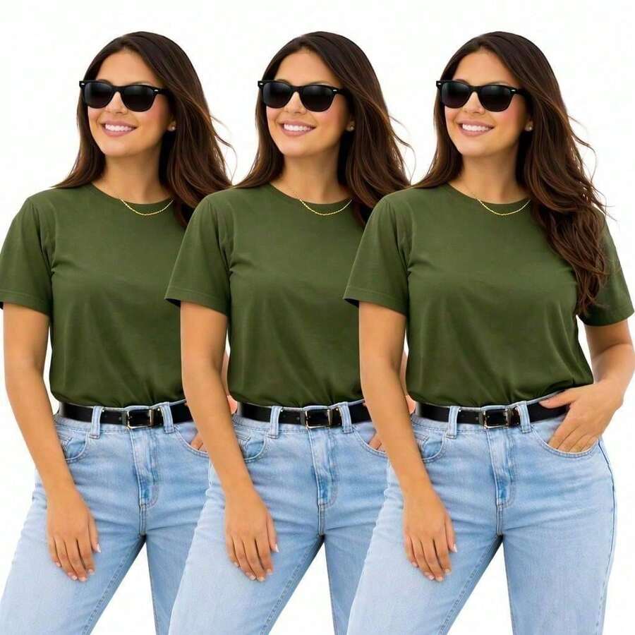 3-Piece T-Shirt Set, 100% Cotton T-Shirts - 軍綠色 - 查看 1