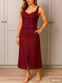 Women's Premium Tailored Vest And Midi Skirt Set - Versatile For Work And Events - 酒紅色 - 查看 1