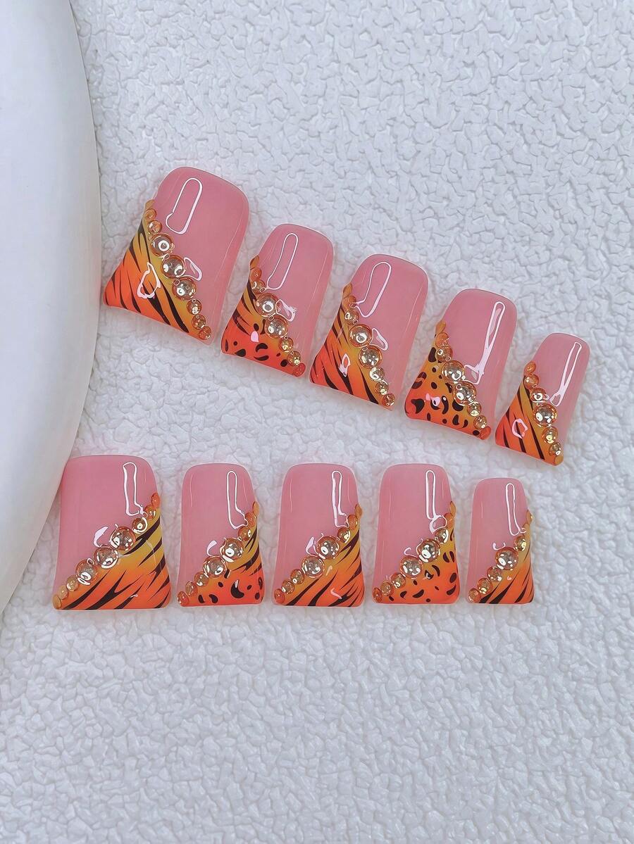 10pcs Y2K Nails Chic Duckbill Press On Nails Set , Handcrafted, Pink Nails, Orange Nails, Orange And Yellow Gradient French Tip Nails, Hand Drawn Black Polka Dot And Black Zebra Stripe Design, Orange And Yellow Gradient Nails, Sparkling Gold Rhinestone Decoration, Delicate Graceful Nails - 彩色 - 查看 1