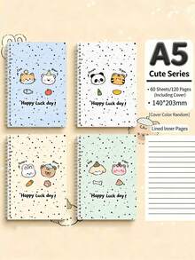 4本/套 A5 可爱卡通螺旋笔记本，厚实横线内页，耐用双螺旋装订，卡哇伊ins风青少年学生笔记本，140x203毫米（5.5x8英寸），60张/120页 - A - 查看 2