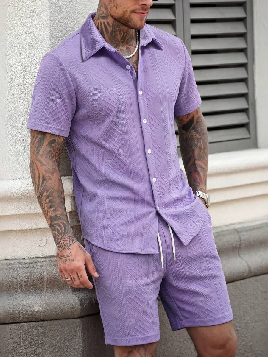 Men's Summer Solid Color Short Sleeve Shirt And Drawstring Shorts Casual Set - Purple - View 1