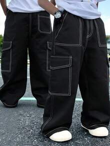 1pc Young BoyTrendy Streetwear Style Straight Leg Cargo Pants With Decorative Seam And Multi-Pockets Design - Black - View 1