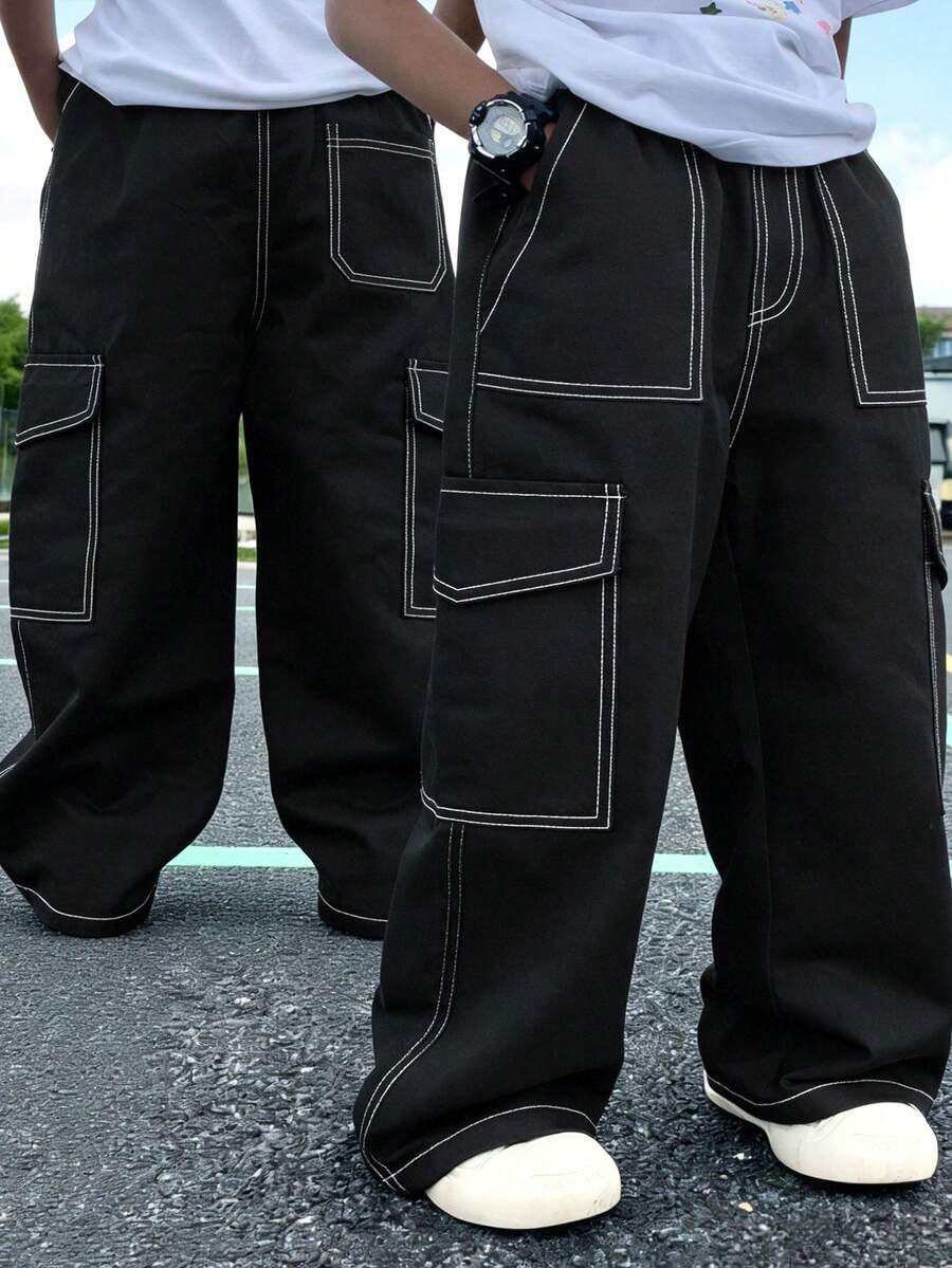 1pc Young BoyTrendy Streetwear Style Straight Leg Cargo Pants With Decorative Seam And Multi-Pockets Design - Black - View 1