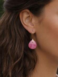 1 paire de boucles d'oreilles élégantes en pierre naturelle en forme de larme, pendentif macaron violet à la mode, bijoux plaqués or 18K, accessoires pour vacances & rendez-vous - Prune - View 7