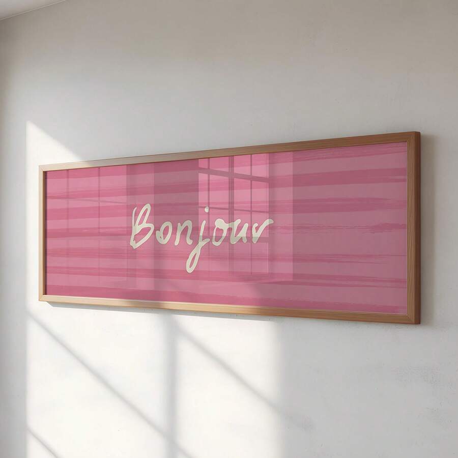 1幅无框“Bonjour”法式问候语全景宽走廊墙面艺术帆布海报,适用于门、客厅、卧室、宿舍装饰 - 字體 - 查看 1