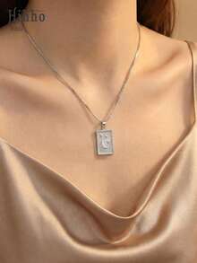 Hihho [1pc] Star & Moon Rectangular Pendant Necklace, Rectangular Pendant Engraved With Crescent Moon & 3 Stars, Delicate Details, Available In Gold/Silver, Suitable For Daily Wear Or Gift - Star and Moon Square - View 2