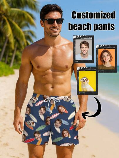 Quần short đi biển nam thiết kế theo yêu cầu với các họa tiết cá nhân hóa như chân dung, thành viên gia đình, thú cưng, hoạt hình, chủ đề ngày lễ.