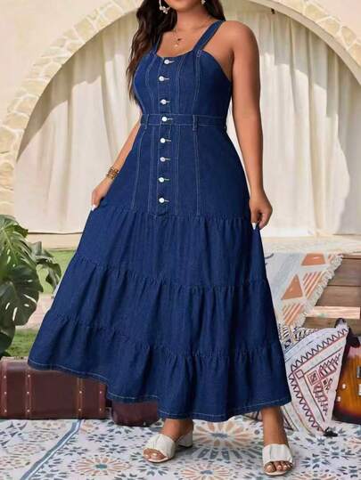 Plus Size Women Summer Casual Vacation Daily Commute Single-Breasted Spaghetti Strap Denim Dress