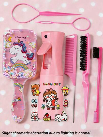 5/8pcs Mini Cartoon Styling Comb & Spray Bottle Set, Includes Comb, Hair Brush, Side Brush, Comb, Comb, Comb, Tangle-Free Brush, Ball Brush, Mini Hair Brush, Brush Set, Wooden Comb, Hair Brush, Hair Brush, Comb, Hairstylist, Hair Tools, Hair Products, Hair Accessories, Back Brush, Hair Care, Comb, Hair Accessories