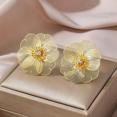 1对金色花朵造型夹式耳环，新款奢华优雅女士花朵耳环，百搭