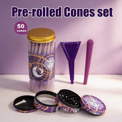 预卷烟纸套装。包含1罐预卷烟纸（50支/罐）、4层研磨器、灌装漏斗和密封便携收纳管。集研磨、灌装和收纳于一体，新手也能轻松上手。新颖图案设计的卷烟纸套装。便携式吸烟配件套装。适合个人使用，也是节日和生日礼物的理想之选。