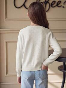 Girls' Solid Color Knit Cardigan, Elegant Hollow Pattern Design, Versatile For Home, Outings Or Eid Al-Adha Gift - Beige - View 2