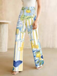 2026New Arrivals For European & American Spring, Summer And AutumnFloral And Lemon Pattern Women's Gradient Washed High-Waisted DesignPositano Italy Theme Summer Beachwear Gift For HerSuitable For All Seasons,Machine Washable,Loose Denim Wide Leg PantsHigh-Waisted Wide-Leg Design - 白色 - 查看 3