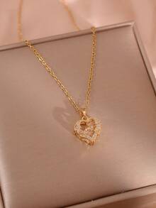 1 chiếc mặt dây chuyền hình trái tim rỗng khảm đồng đính đá Cubic Zirconia, kiểu dáng thanh lịch, sang trọng, món quà ngọt ngào dành cho bạn gái nhân ngày Valentine. - Yêu tiền - Xem 2