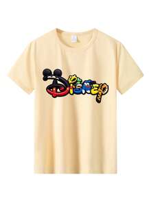 Disney Boys' Short-Sleeved Shirt And Shorts Set, Featuring A Creative Mickey And His Companions' Disney Logo Letter Cartoon Pattern Print. This Is A Two-Piece Summer Children's Outfit. The Fabric Is Soft, Comfortable And Breathable, Suitable For Daily Wear, Traveling, Going To School, Shopping, And Playing. It Is An Essential Disney Children's Clothing Gift. - 杏色+黑色 - 查看 2