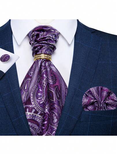 Premium Exquisite Purple Jacquard Ascot Tie 4Pcs Gentleman Accessories For Dinner Festival Occasions
