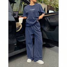 Women's Washed Brown T-Shirt And Pants Two-Piece Casual Set - 藏蓝色 - 查看 1