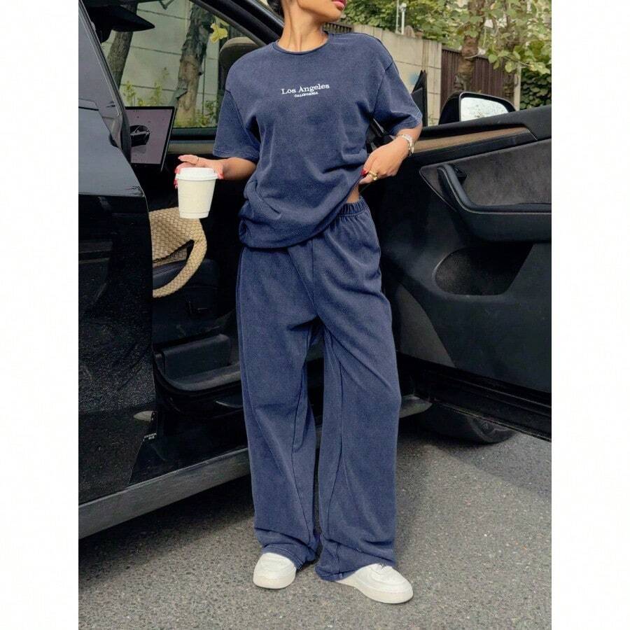 Women's Washed Brown T-Shirt And Pants Two-Piece Casual Set - 藏蓝色 - 查看 1