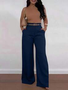 Pantalones rectos de mujer de tiro alto, color beige, estilo casual chic – Ideales para primavera y todo tipo de looks - Azul marino - Ver 2