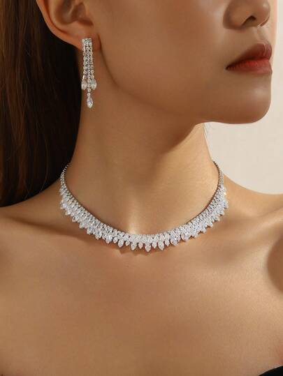 奢华时尚首饰套装，闪亮水晶项链+耳环3件套，华丽百搭，婚礼、派对、节日最佳配饰