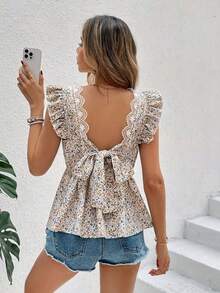 Women's Floral Ruffle Sleeve V-Neck Tie Front Backless Woven Blouse Summer - Multicolor - View 2