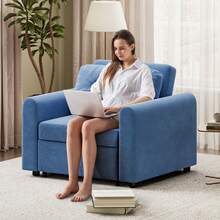 3 In 1 Convertible Single Sofa Bed With Adjustable Backrest, Pull Out Linen Single Sleeper Chair Bed With Pockets For Living Room, Micro Suede Fabric, Blue - Blue - View 9