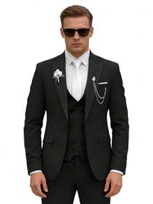 Men's Tailored Suit Set, Black Satin Plaid Collar, Anti-Wrinkle Fabric, Wedding Groom's Evening Dress For Formal Business Attire - 黑色 - 查看 3
