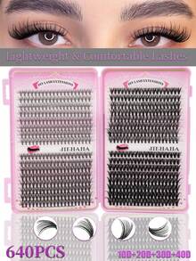 640片D型卷翘蓬松假睫毛套装，包含睫毛胶、镊子、睫毛刷、放大睫毛，轻盈可重复使用，大容量单根假睫毛，柔软自然的混合睫毛，打造3D立体浓密眼妆。 - 彩色 - 查看 24