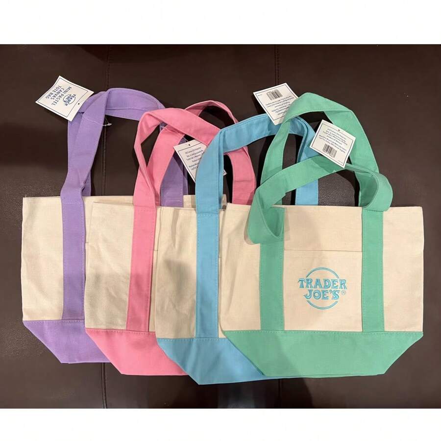 1/4Pcs Trader JoeS Mini Pastel Canvas Tote Bags, Reusable Cotton Canvas Embroidered Shopping Tote, Durable Grocery Bag With Contrast Color Handles, Portable Daily Handbag For Women, Ideal For Shopping Travel Errands, Viral Tote Bag Set - 彩色 - 查看 1