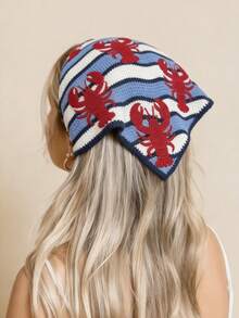 1pc Knitted Lobster Embroidery Triangular Scarf, Women's Head Wrap, Daily/Travel/Vacation Sun Protection Hair Accessory - Blue - View 1