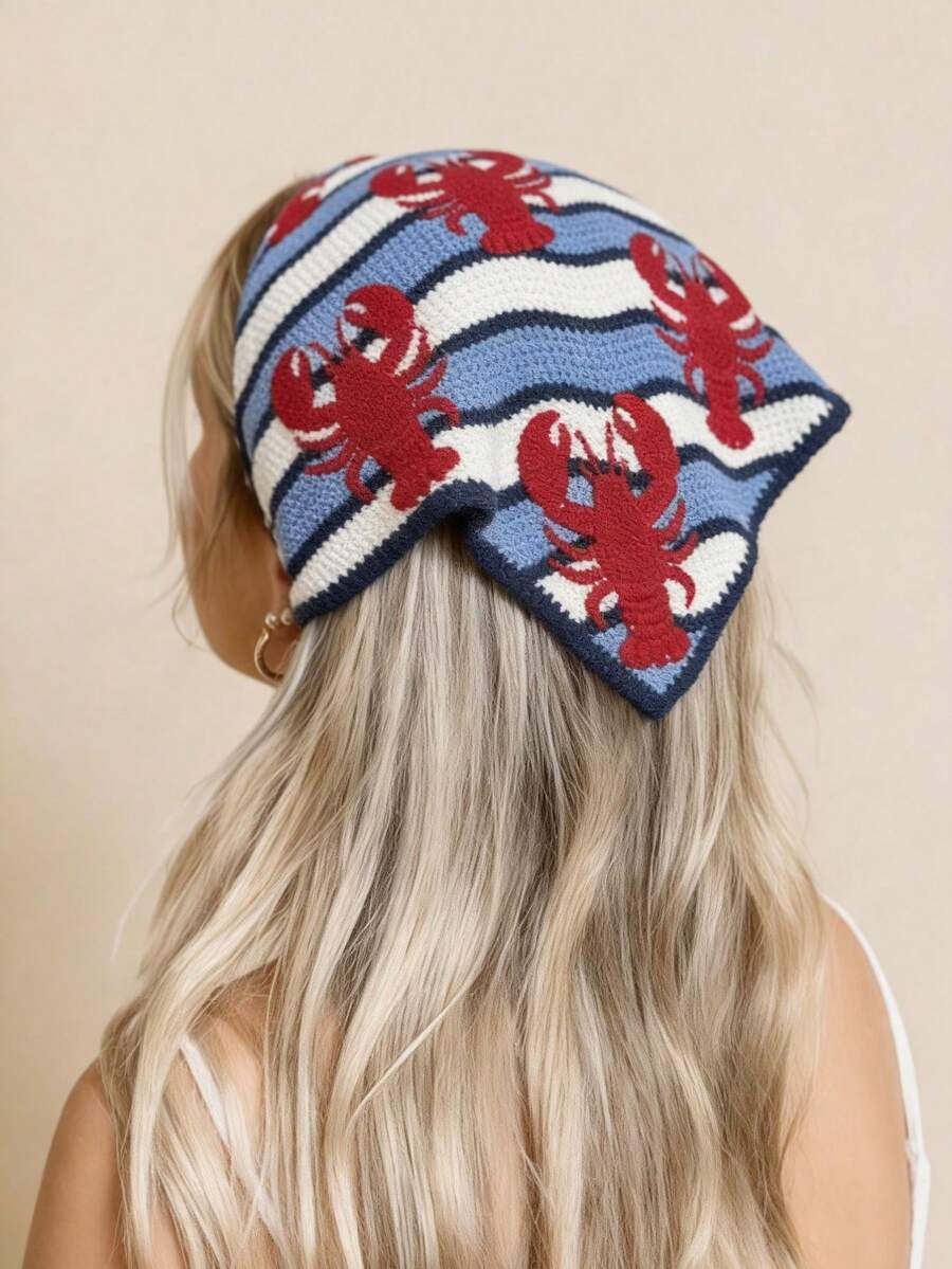 1pc Knitted Lobster Embroidery Triangular Scarf, Women's Head Wrap, Daily/Travel/Vacation Sun Protection Hair Accessory - Blue - View 1