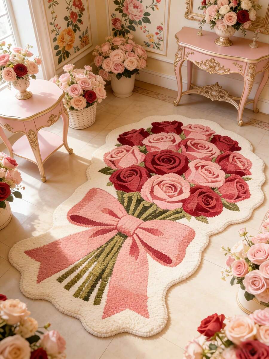 1pc Red Rose Bouquet Decorative Carpet, Decorative Carpet, Bedroom Decor, Small Rug, Carpet, Home Decor, Living Room Carpet, Living Room Small Rug, Bedroom Carpet, Living Room Home Decor, Outdoor Carpet, Washable Carpet, Mother's Day Gift - Multicolor - View 1