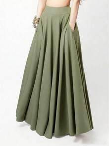 Women's Casual Solid Color Skirt, Summer Spring - Army Green - View 4