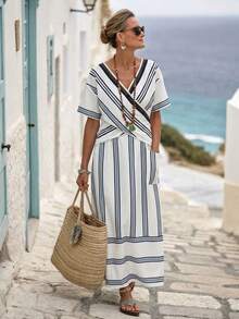 Navy Striped Wrap Dress, Women V-Neck Short Sleeve Bohemian Style Loose Casual Dress - Blue and White - View 3