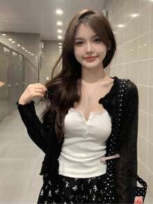 Cardigan Lengan Pendek, Sweater Rajut Ringan Berongga untuk Wanita, Gaya Kasual Manis dengan Hiasan Ruffle, Musim Semi/Panas Hitam - Hitam - View 6