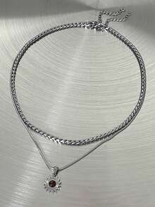 2pcs Sunflower Pendant Stainless Steel Chain Necklace For Men, Layered Wear Collarbone Chain - Silver - View 5