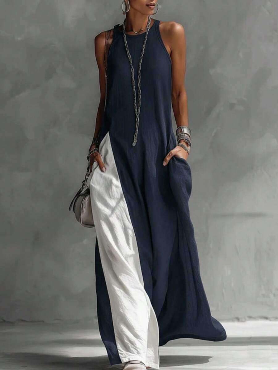2026 New Women's Sleeveless Loose Pocket Color-Block Casual Off-Shoulder Dress - 藏青色 - 查看 1
