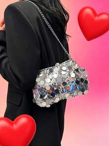 Fashionable Glitter Sequin Rectangle Handbag, New Versatile Zipper Crossbody Bag, Unique Chain Strap Evening Clutch - Silver - View 2
