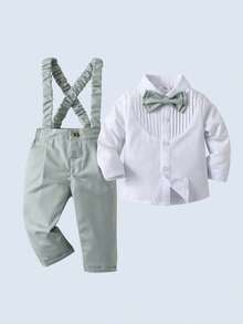 BOARNSEORL 2 pièces Tenue de gentleman pour jeunes garçons, chemise blanche à manches longues avec nœud papillon et pantalon à bretelles, à la mode et convenant pour les anniversaires, événements formels, mariages, baptêmes, 1er anniversaire - Vert - Voir 5