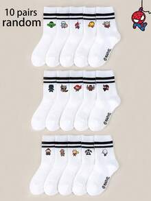 1/5/10 pares de calcetines para niños con diseños de Marvel Spider-Man, Iron Man, Thor, calcetines de rayas negras y blancas tipo tripulación, calcetines tobilleros para niñas/niños, calcetines tobilleros casuales y transpirables con dibujos animados antideslizantes, estilo casual y lindo, para uso diario/regalo de fiesta/verano, diversión de dibujos animados, calcetines de regalo versátiles minimalistas, calcetines tobilleros deportivos para estudiantes, edición limitada de crossover de anime - Blanco - Ver 11